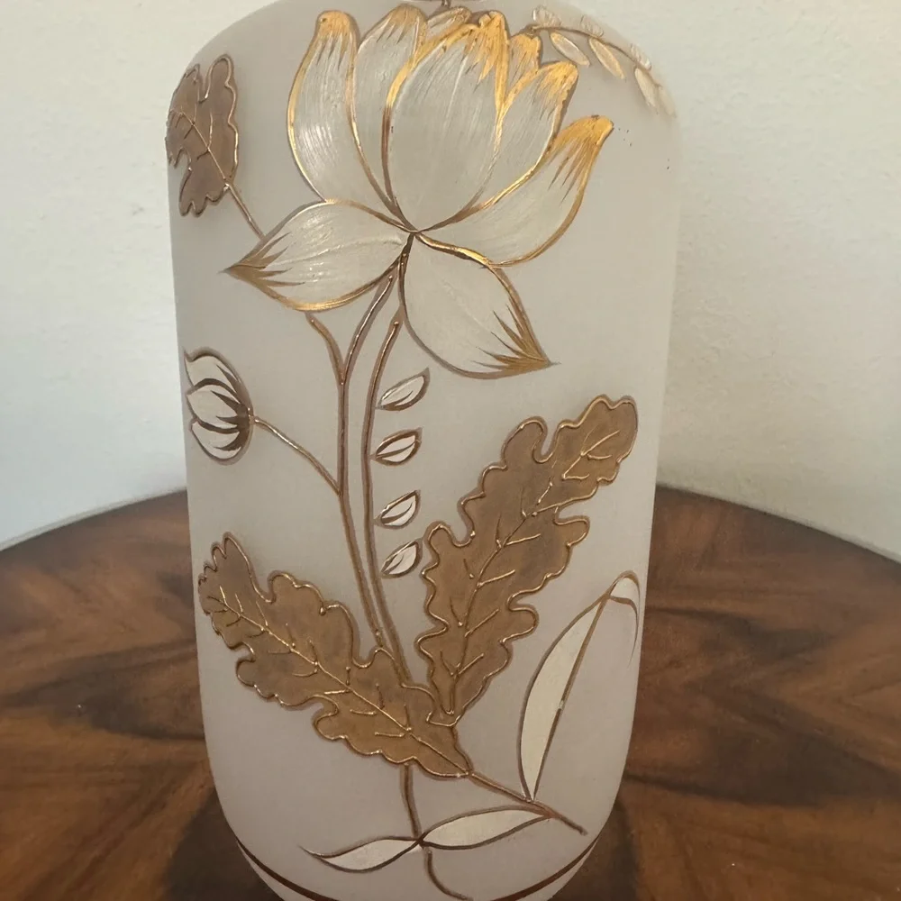 Vintage Hand Blown Opaque Glass Vase With Gilt Flowers 12 1/2” - Picture 3 of 10